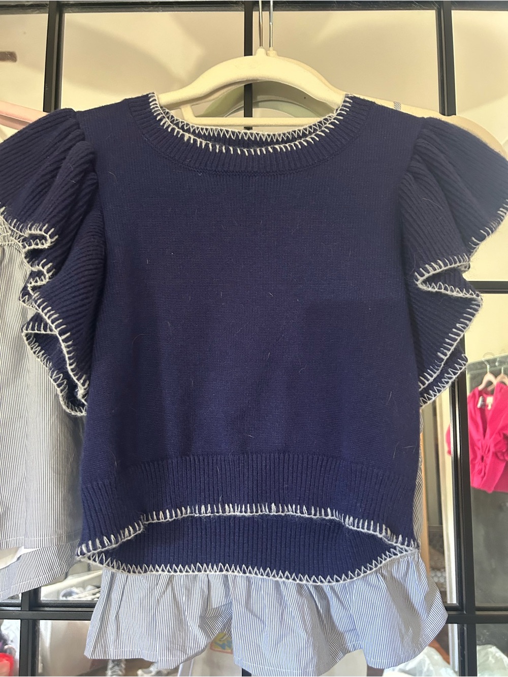 Navy Ruffle Short-Sleeve Crew Sweater with Contrast Stitch